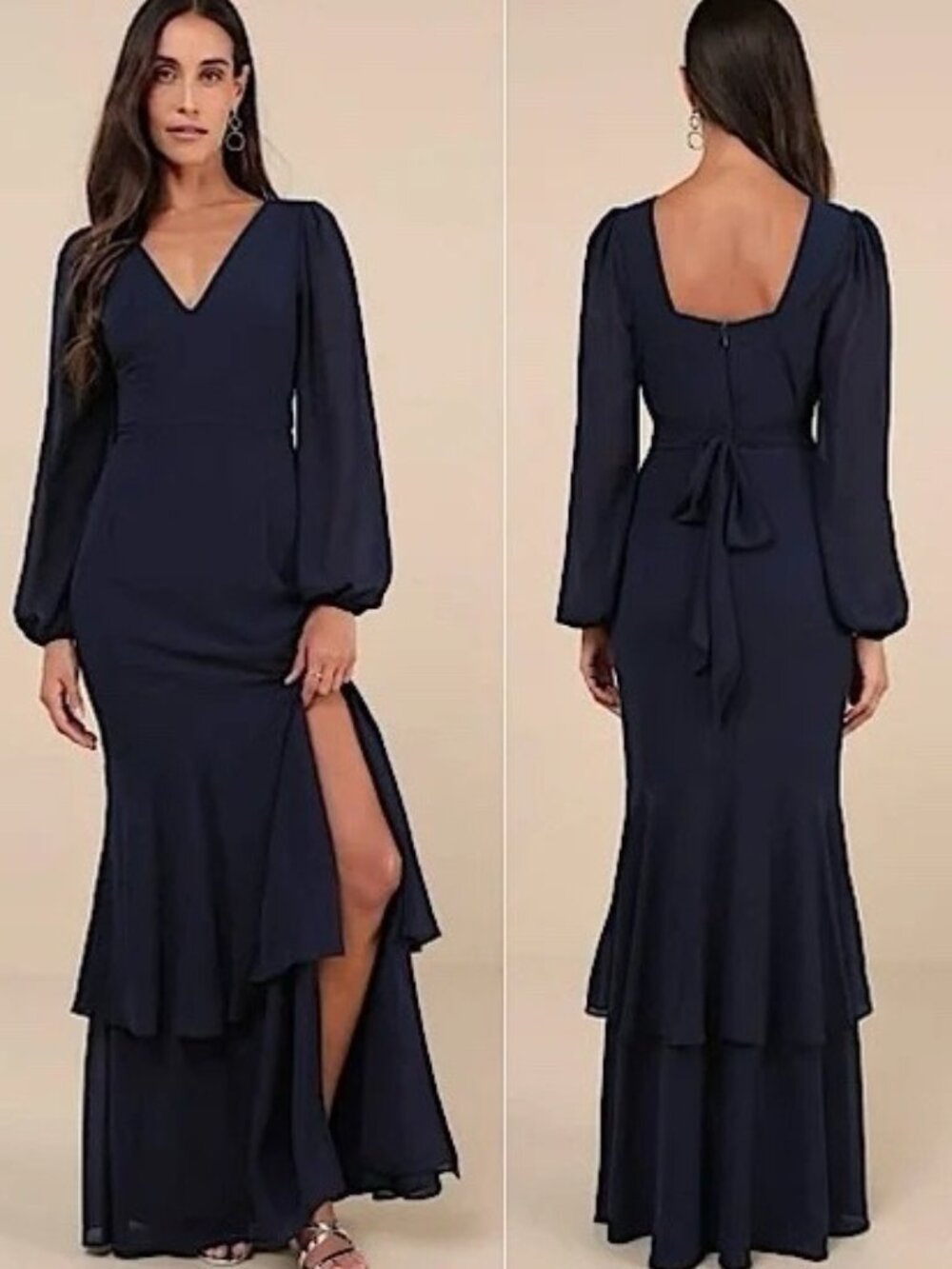 Lulus NEW Tier Elegance Long Sleeve Tiered Maxi Dress Size M Navy